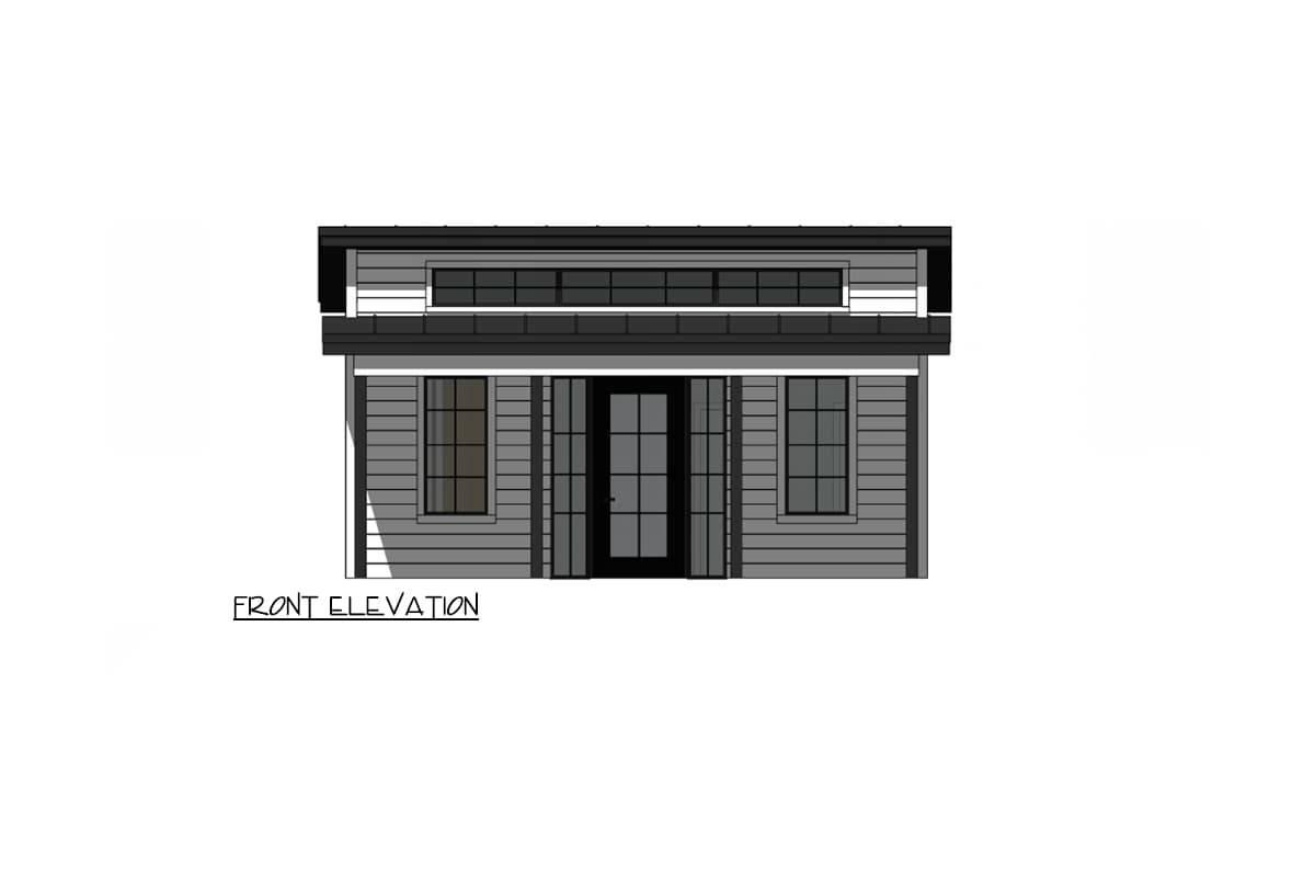 Front elevation drawing of a house with two windows, a central door, and a clerestory window.
