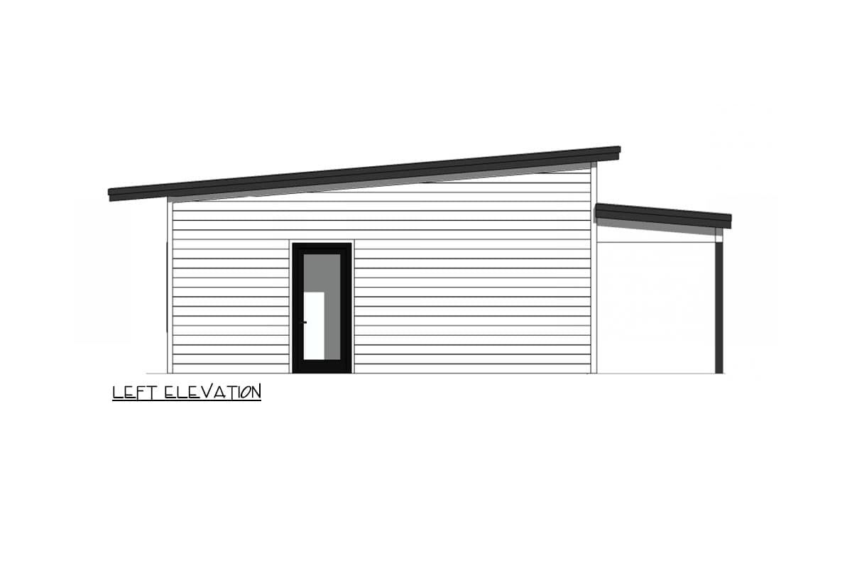 Left elevation drawing of a house with horizontal siding, a shed roof, and one door.