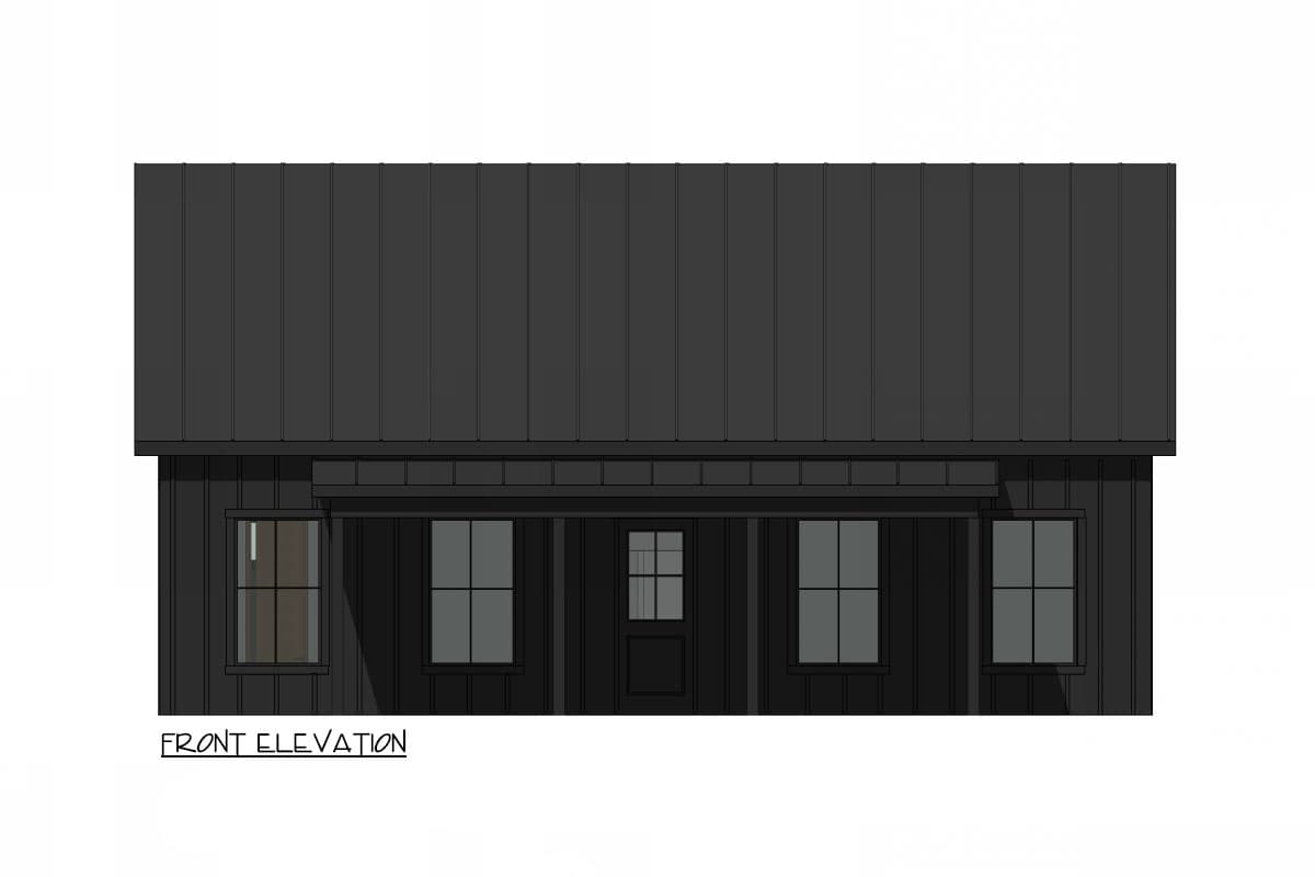 Front elevation drawing of a house with a gable roof, covered porch, and three windows.
