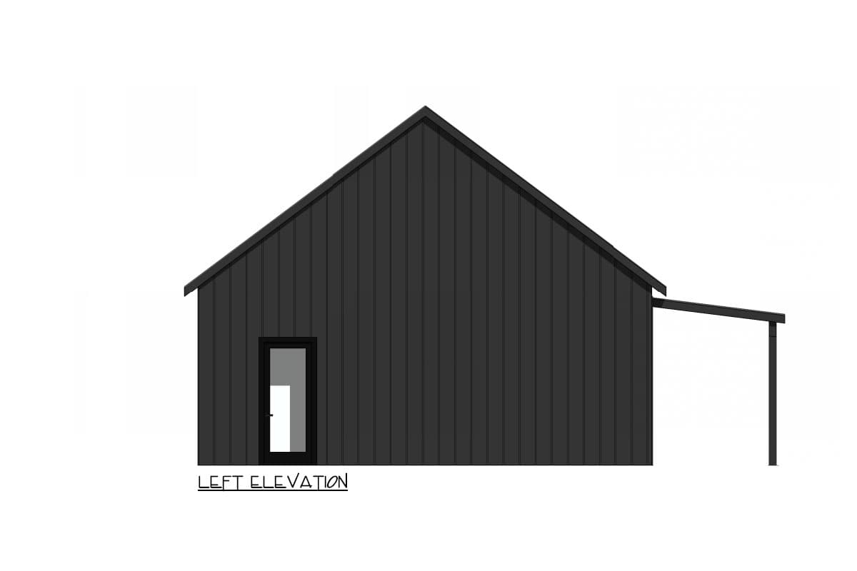 Left elevation drawing of a house plan with a gable roof, vertical siding, one door, and an attached lean-to.