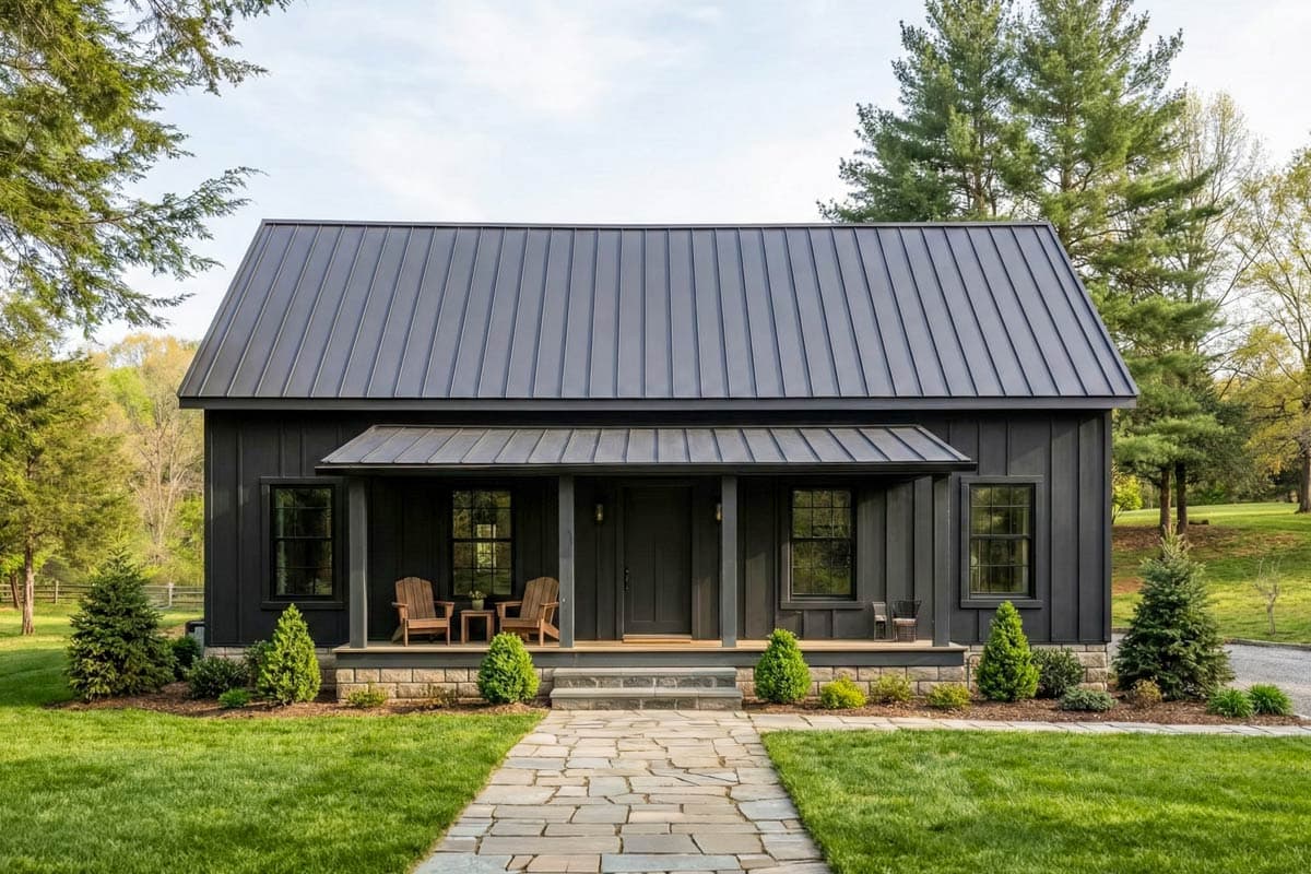 House plan exterior. One-story structure with a metal roof, front porch, and board-and-batten siding. Includes a gabled roof and large windows.