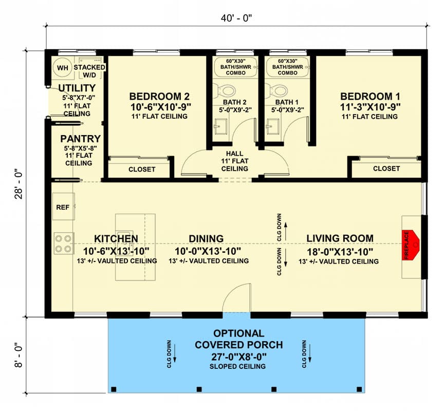 Plan 420169WNT: One-Story Farmhouse-Style Cabin with 2 Beds - 1120 Sq Ft - Floor Plan - Main Level - Cabin, Cottage, Country, Modern Farmhouse, New American, Rustic, Traditional