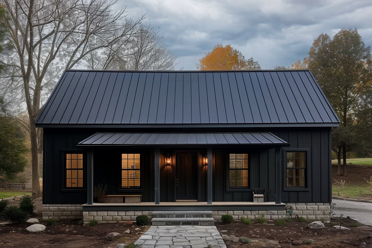 House plan exterior. One-story structure with a metal roof, front porch, and board-and-batten siding. Includes a gabled roof and large windows.