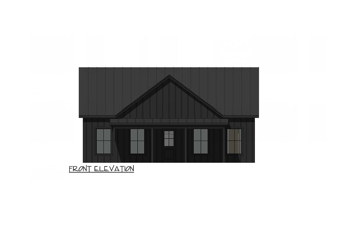 Front elevation drawing of a one-story house with a metal gable roof, central entrance, and windows.