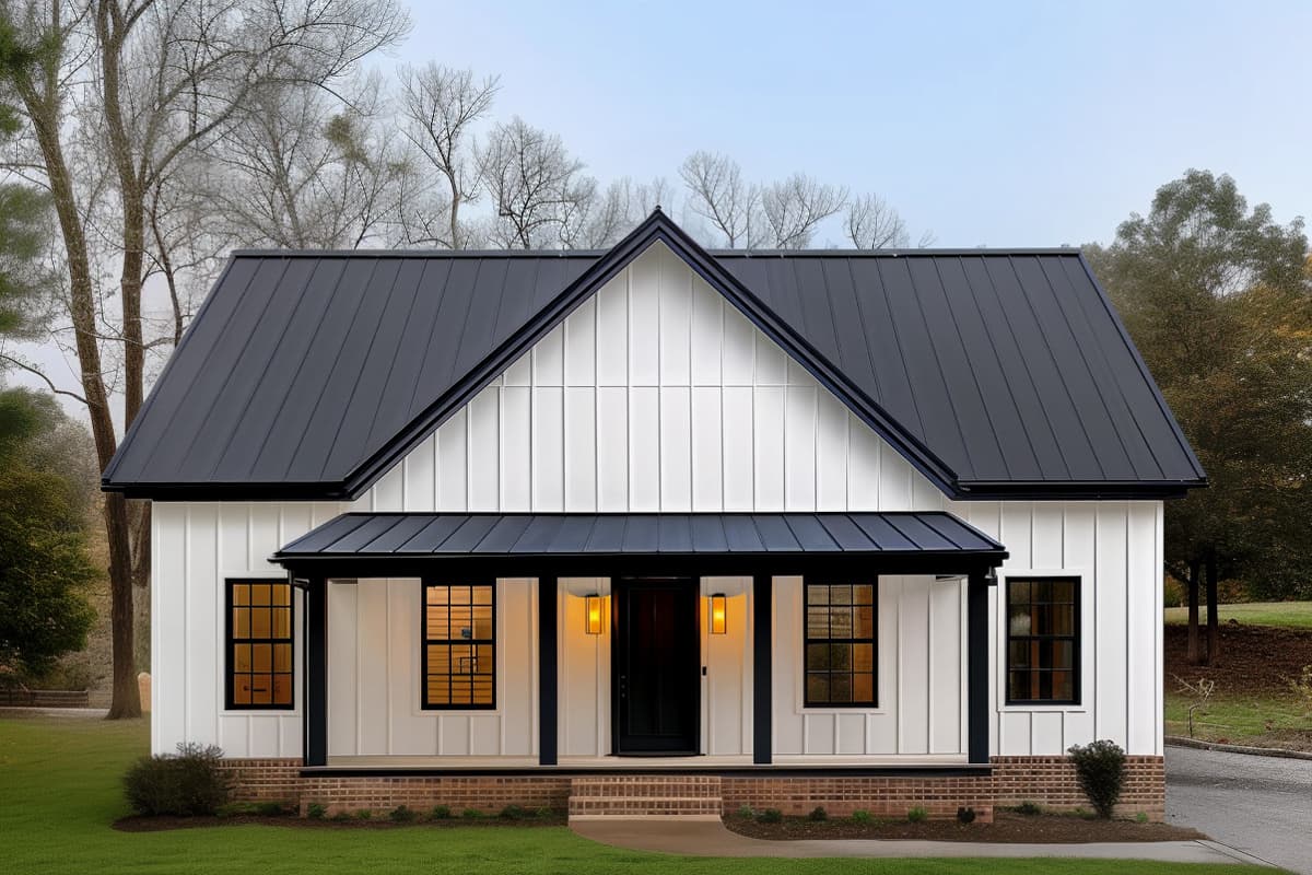 Modern Farmhouse house plan exterior with white board and batten siding, metal gable roof, and covered front porch with black columns.