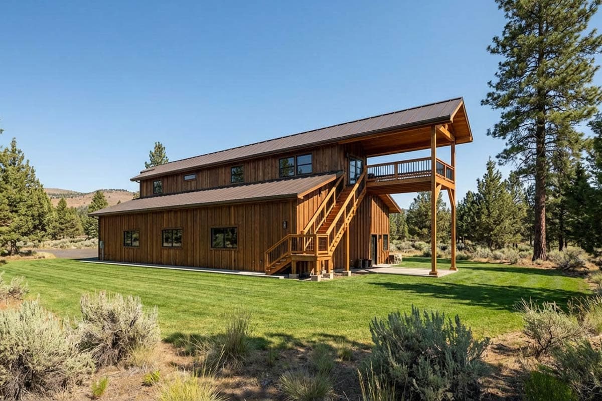 Two-story wood-sided house plan with a metal gable roof, covered balcony, and exterior staircase.