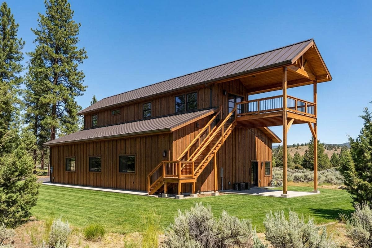 House plan exterior: two-story wooden building with a metal roof, external stairs to an upper deck, and a lower patio.