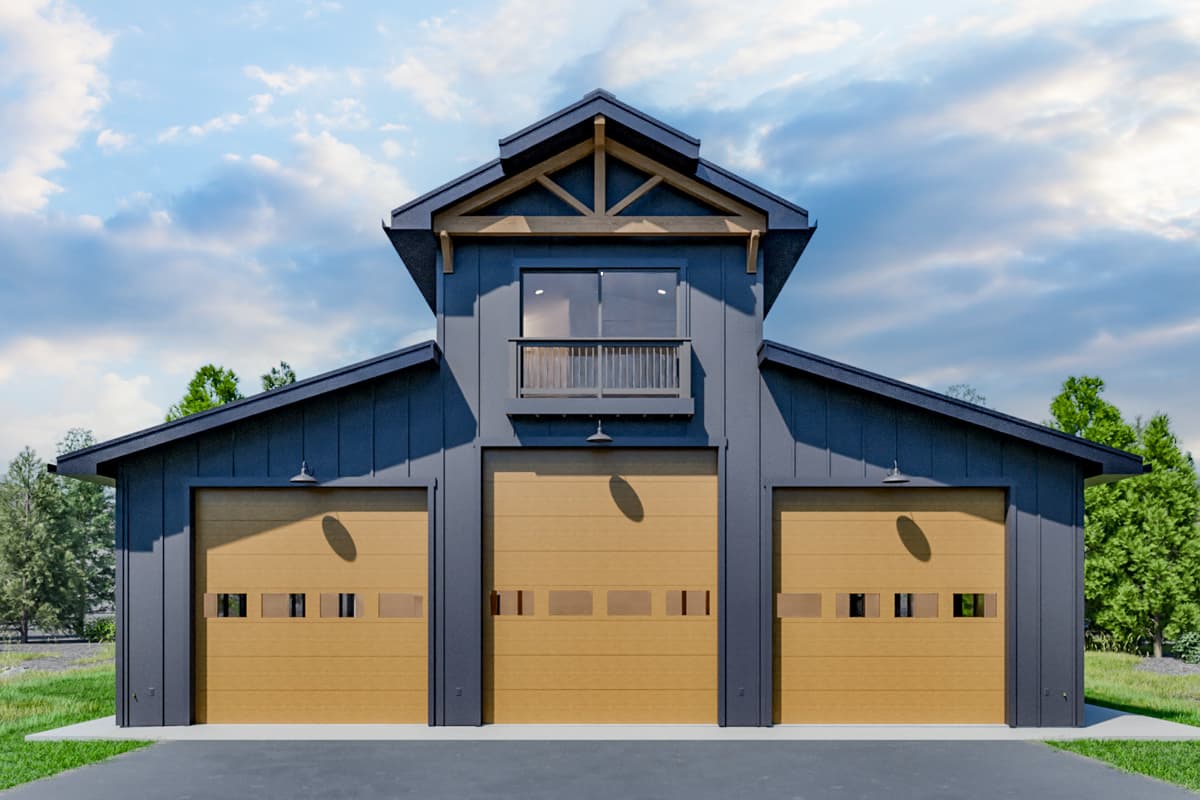 House plan exterior with modern style, featuring a three-bay garage, shed roof, and second-story balcony.