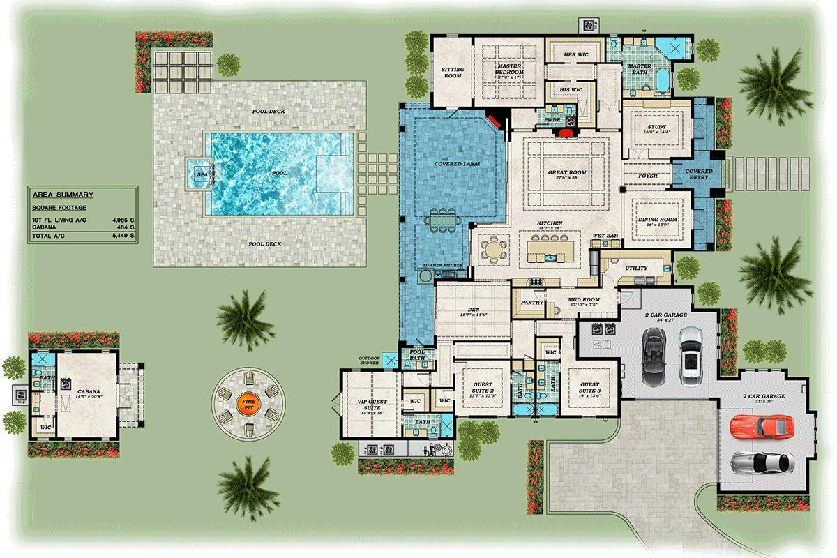 Plan 31862DN: Transitional House Plan VIP Guest Suite and a Separate Guest Cabana - 5449 Sq Ft - Floor Plan - Main Level - Florida-Style, Southern, Transitional