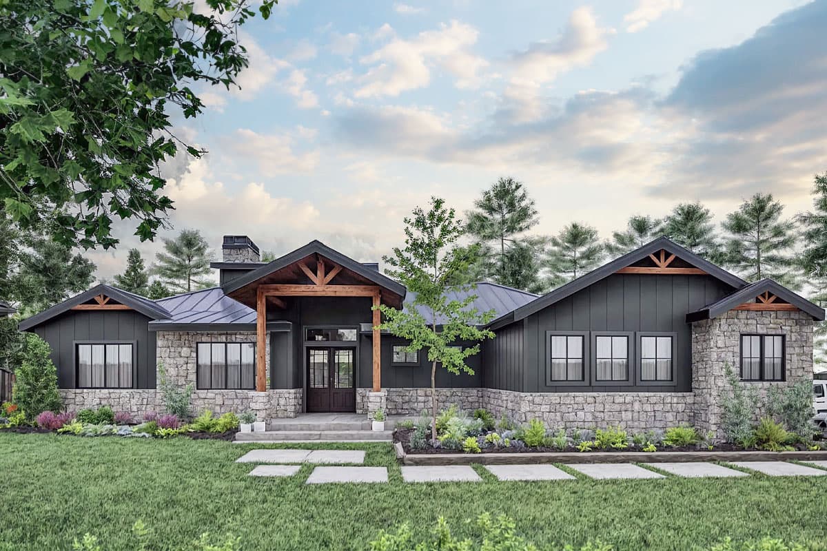 House plan exterior. Modern Farmhouse style with a single story, stone facade accents, exposed timber porch detail, and gabled rooflines.