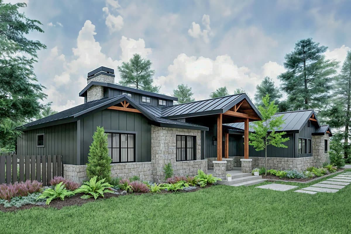 House plan exterior with stone and dark siding, covered entry with wood beams, gable roofs, and chimney.