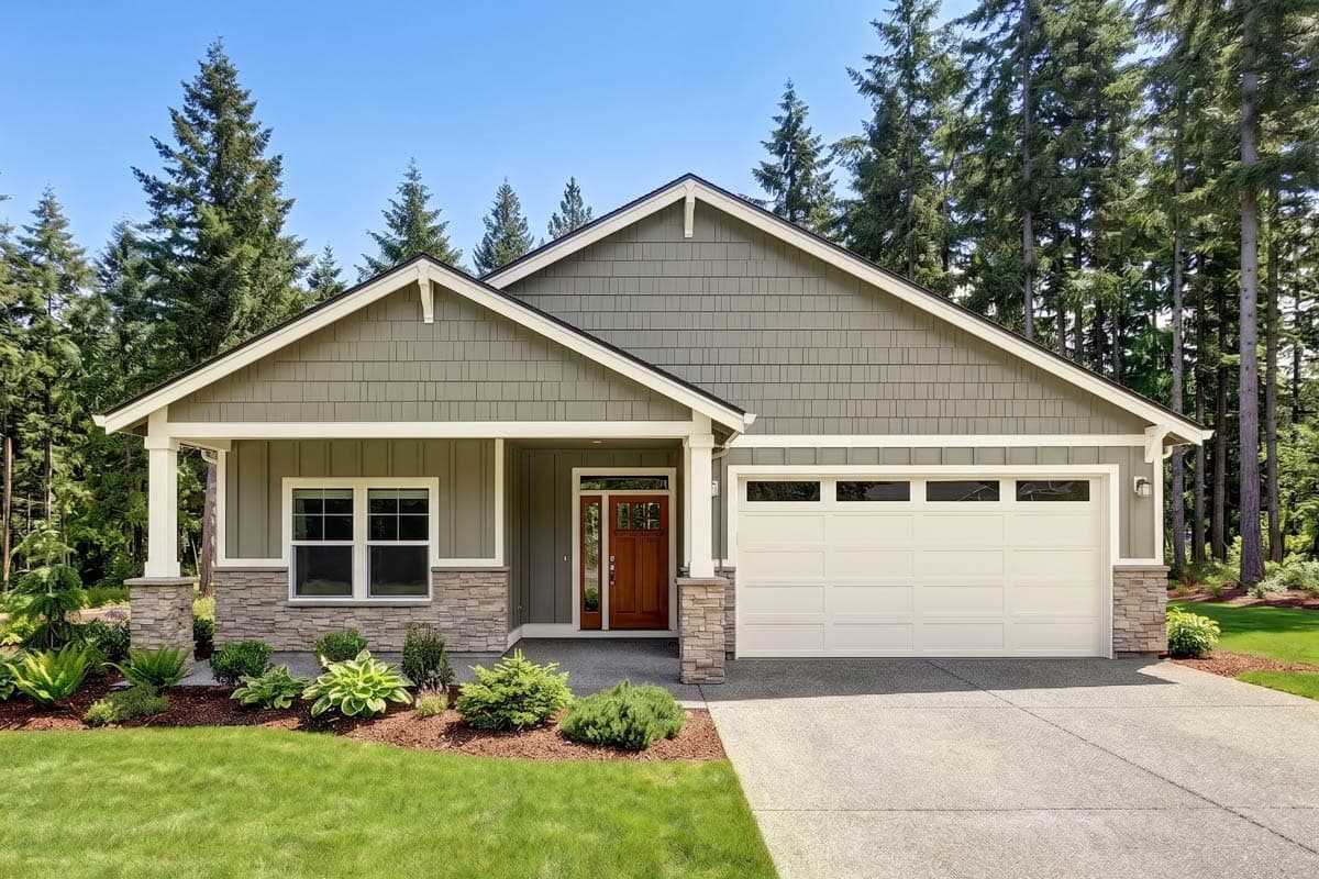 House plan exterior featuring a one-story, Craftsman-style home with gables, a covered porch, and a two-car garage.