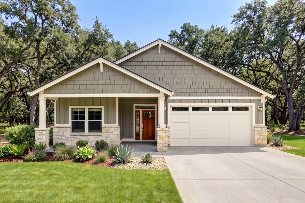 House plan exterior, single-story with blue siding, stone-accented pillars, covered front entry, and attached garage.
