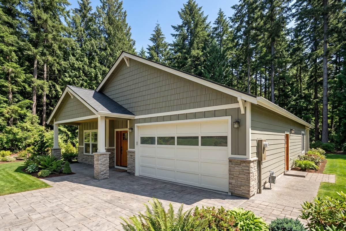 Ranch style house plan exterior, one story, featuring horizontal siding, a gabled roof, and multiple rectangular windows.