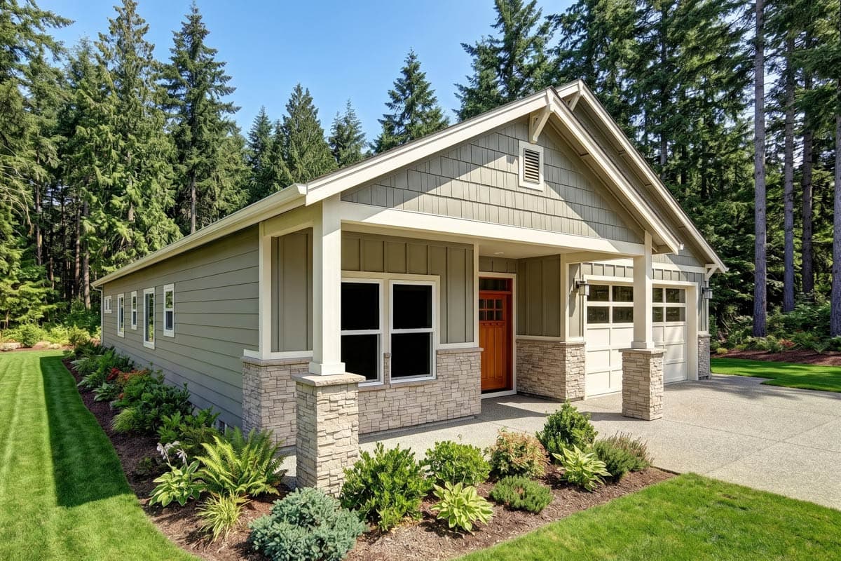 House plan exterior: Single-story Modern Farmhouse with a covered porch, gabled rooflines, and horizontal siding.