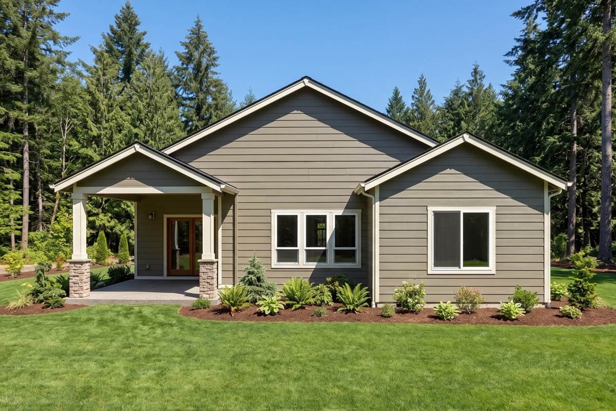 House plan exterior of a single-story blue home with a covered porch, sliding glass doors, and multiple windows.
