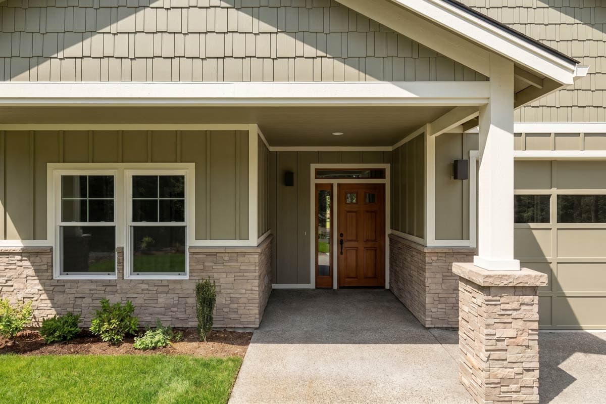 House plan exterior: One-story ranch with a covered front porch, gable roof, and horizontal siding.