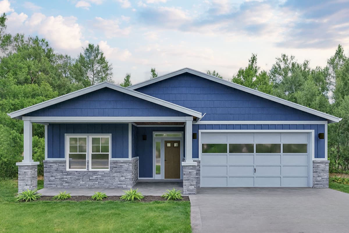 House plan exterior featuring a one-story, Craftsman-style home with gables, a covered porch, and a two-car garage.