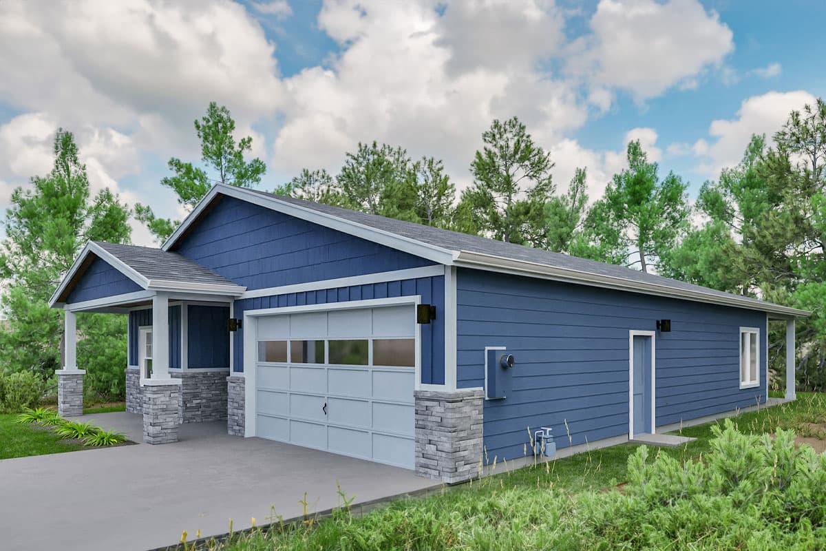 House plan exterior, single-story with blue siding, stone-accented pillars, covered front entry, and attached garage.