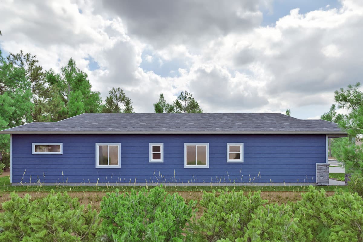 Ranch style house plan exterior, one story, featuring horizontal siding, a gabled roof, and multiple rectangular windows.