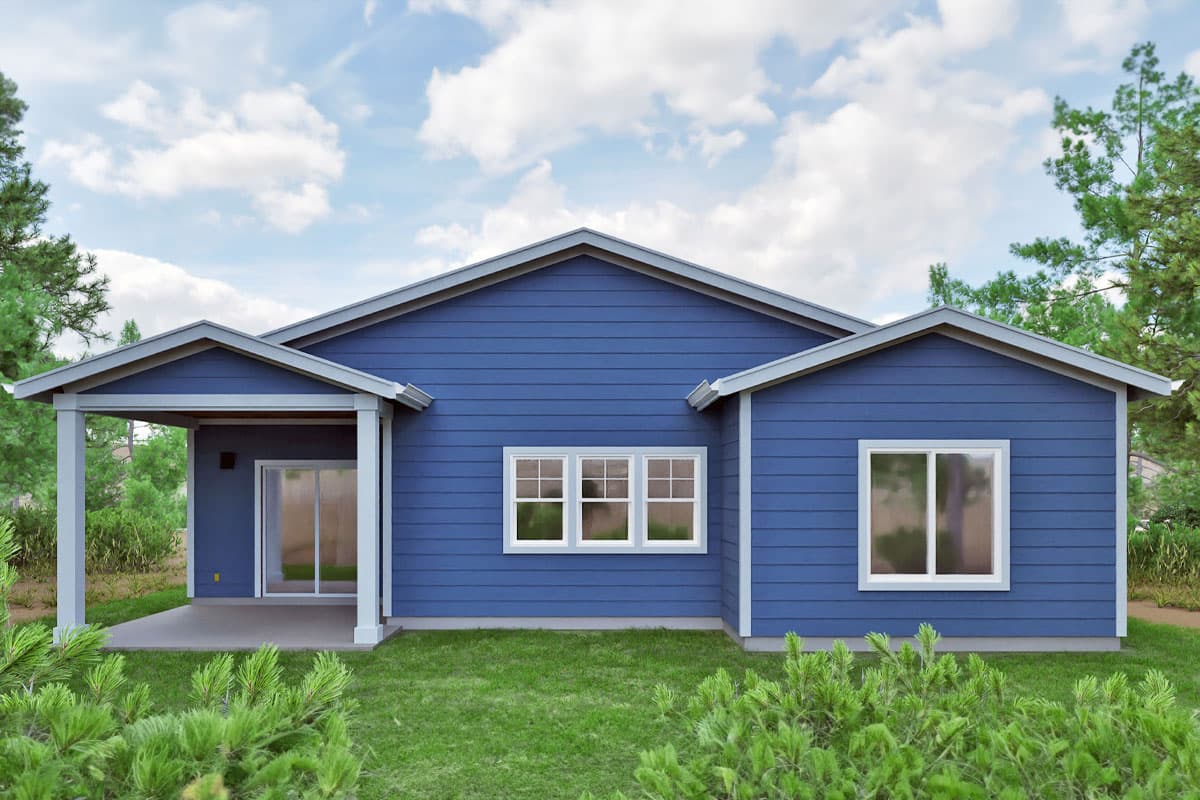 House plan exterior of a single-story blue home with a covered porch, sliding glass doors, and multiple windows.