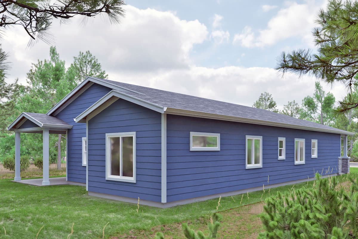 House plan exterior: One-story ranch with a covered front porch, gable roof, and horizontal siding.