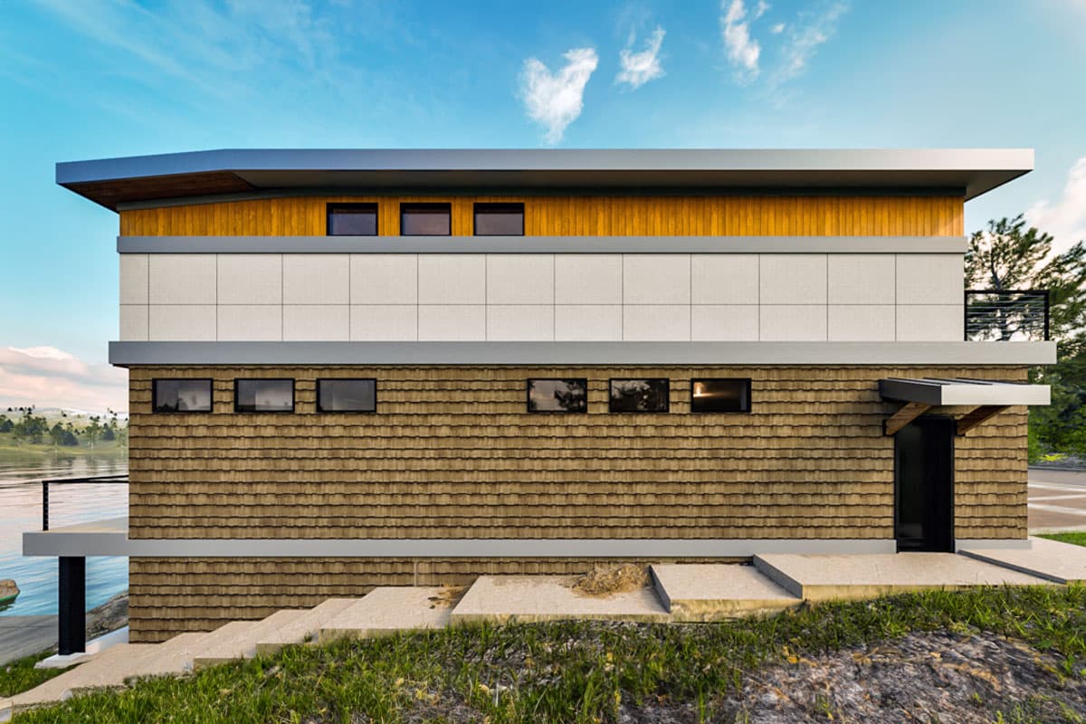 Modern house plan exterior with cedar shingles, horizontal wood siding, paneling, and flat roof.