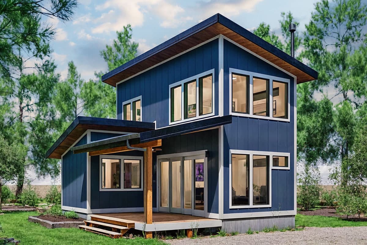 House plan exterior. Two-story modern style home. Features include a shed roof, a covered porch, and a combination of windows. 
