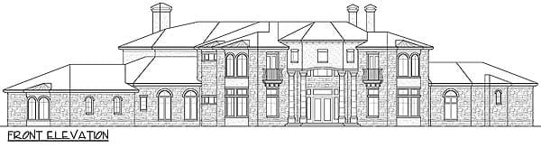 Front elevation drawing of a two-story house with a symmetrical facade, arched windows, and multiple gables.