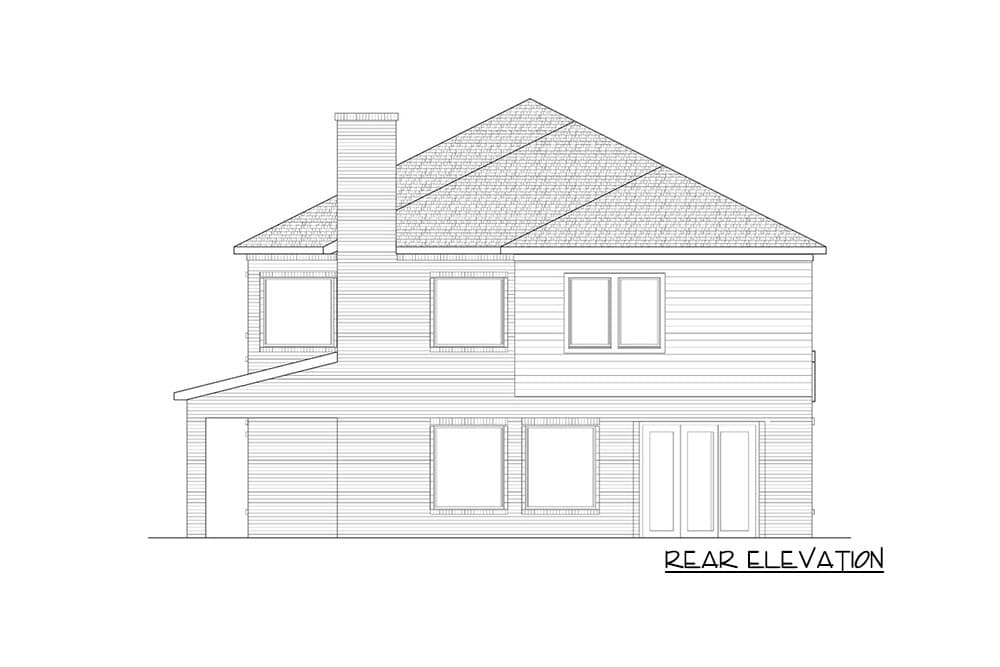 Rear elevation drawing of a two-story house with a prominent chimney, gabled roof, and multiple windows.