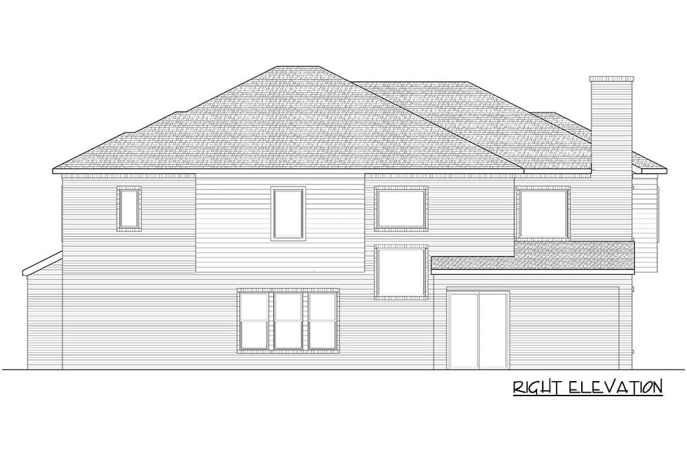 House plan right elevation of a two-story home with a gabled roof, prominent chimney, and varied window configurations.