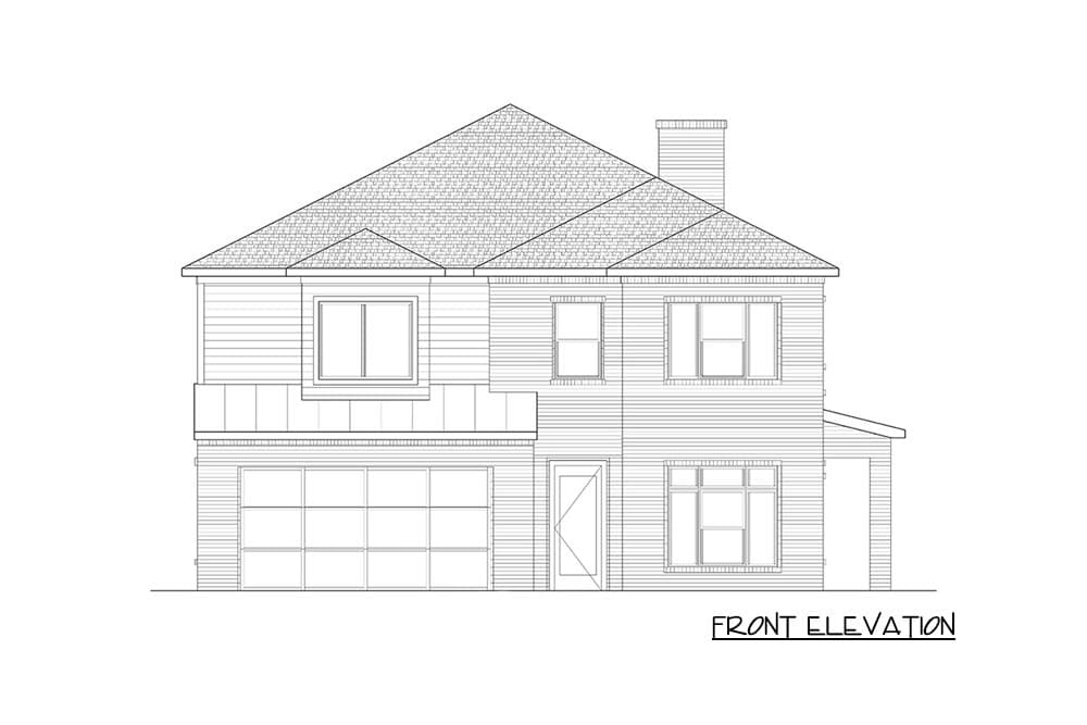 Front elevation of a two-story house plan featuring a multi-pane garage door, central entrance, and prominent gable roof.