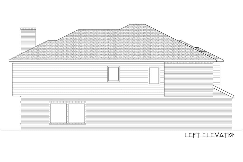 Left elevation of a two-story house plan with a prominent gable roof, chimney, and horizontal siding.