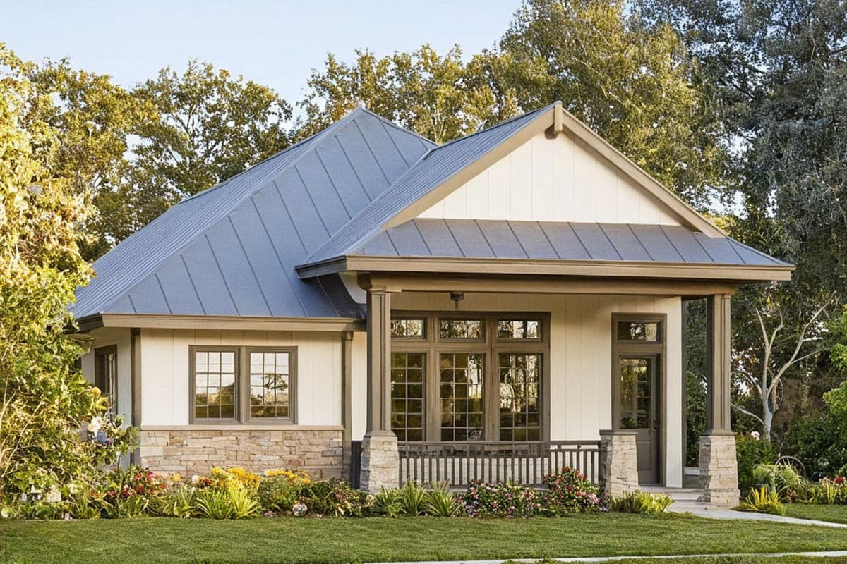 House plan exterior. Modern farmhouse style with stone accents. Features include a covered porch with columns, a metal roof, and gabled roofline.