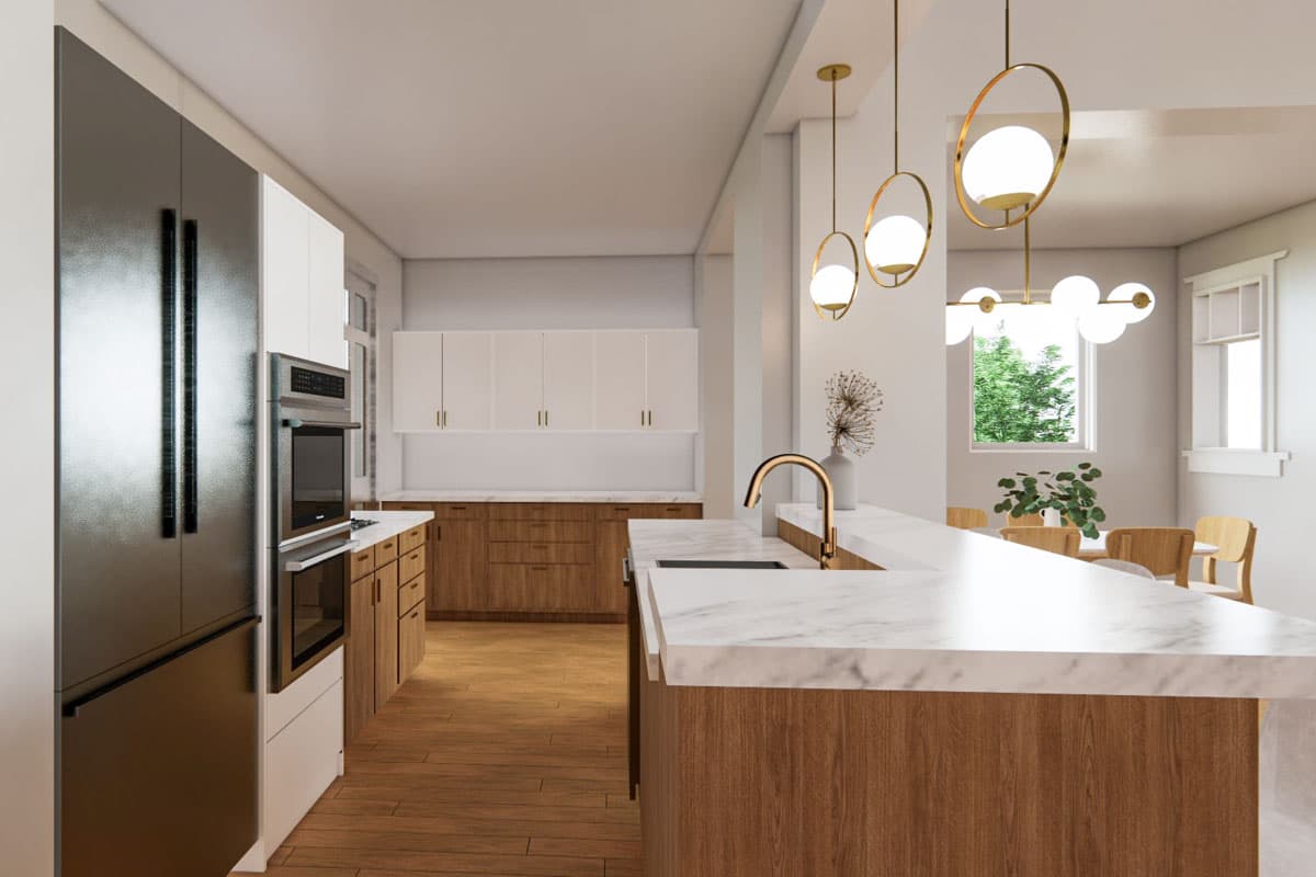 Kitchen rendering with wood cabinetry, marble countertops, stainless steel appliances, and modern pendant lighting.