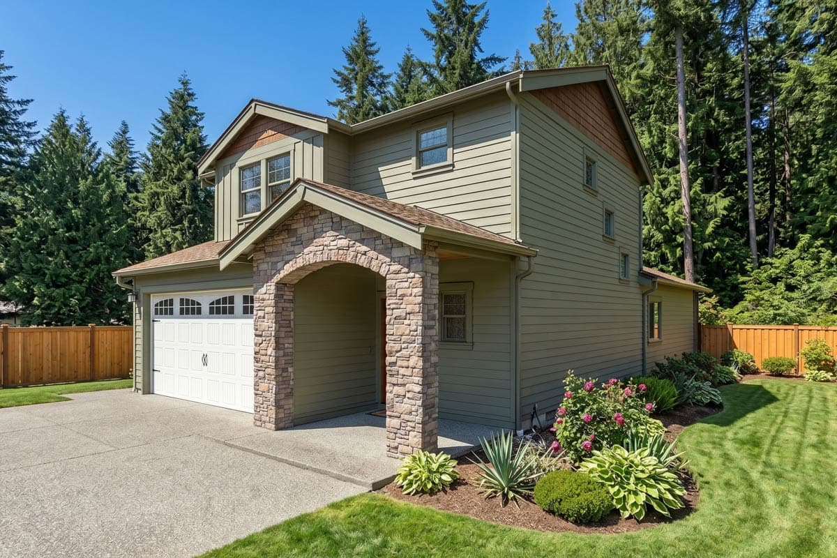 Two-story house plan exterior with wood siding, stone accents, covered entry, gabled rooflines, and attached garage.