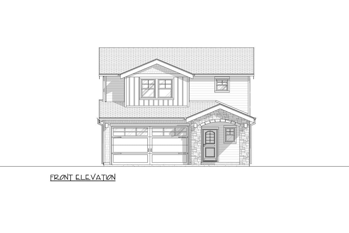 Front elevation drawing of a two-story house plan with a two-car garage, prominent gable, and stone-clad entry porch.