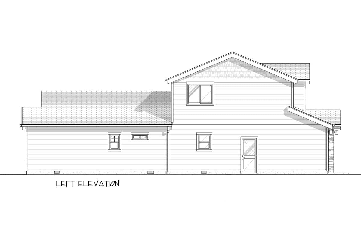 Left elevation of a two-story house plan featuring multiple windows, a gable roof with shingles, and a single-car garage.