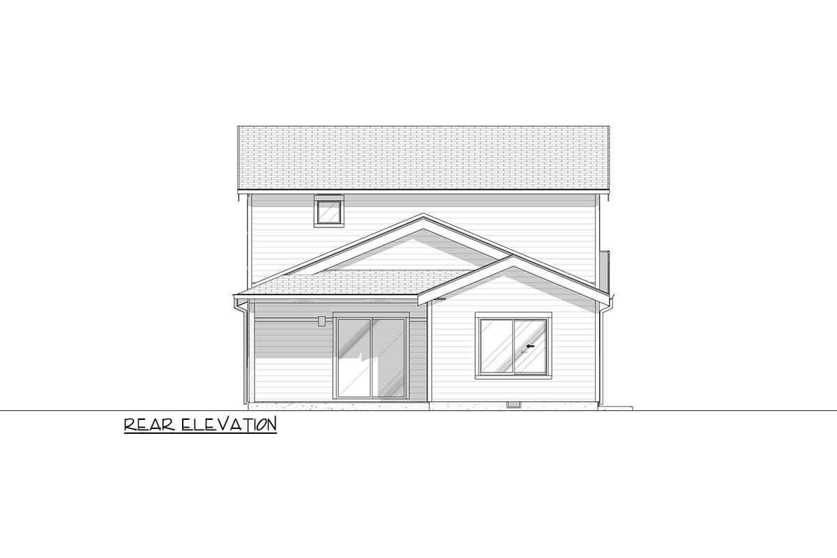 Rear elevation drawing of a two-story house with double doors, two windows, and a gable roofline.