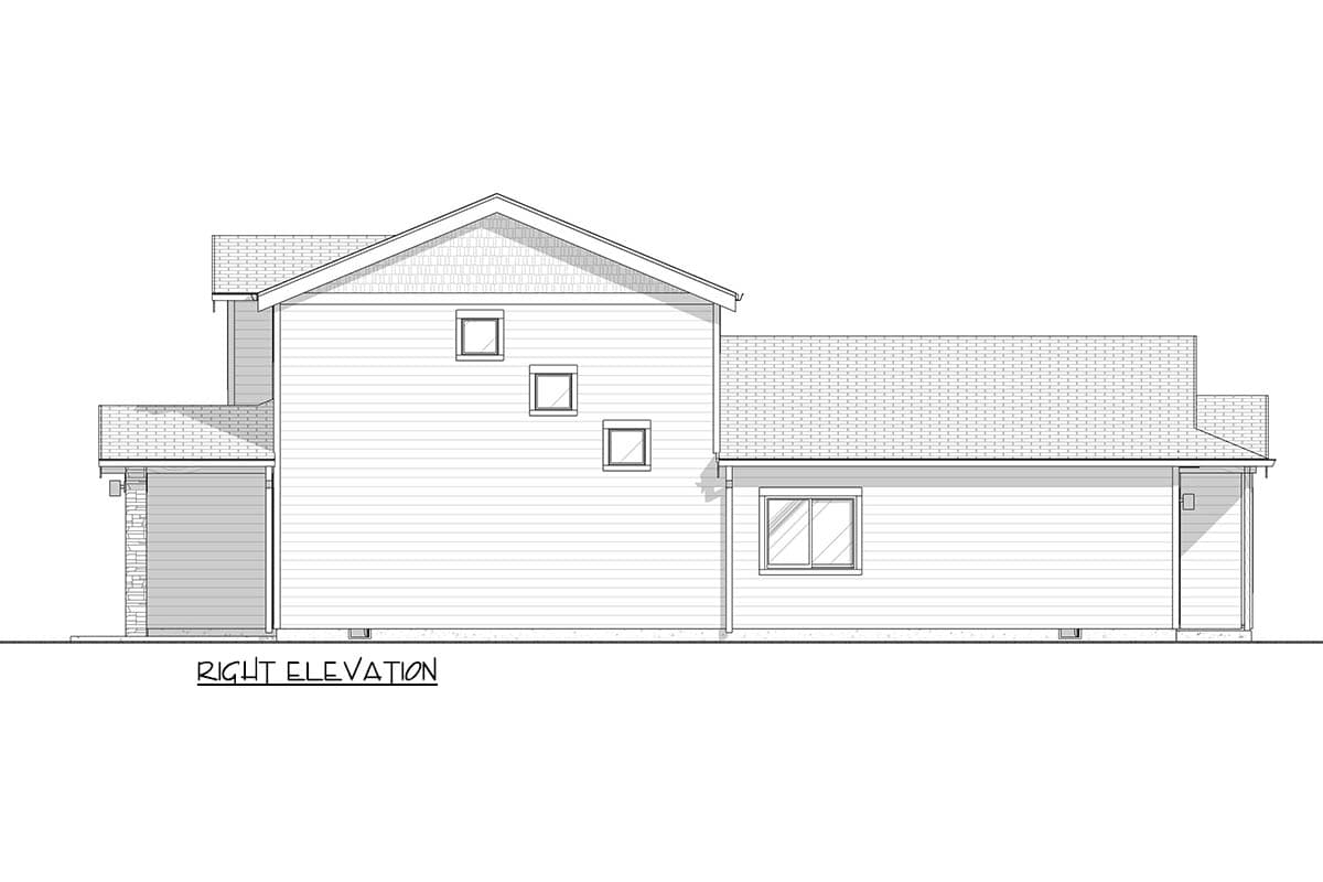 Right elevation drawing of a two-story house plan with siding, a gable roof, and an attached garage.
