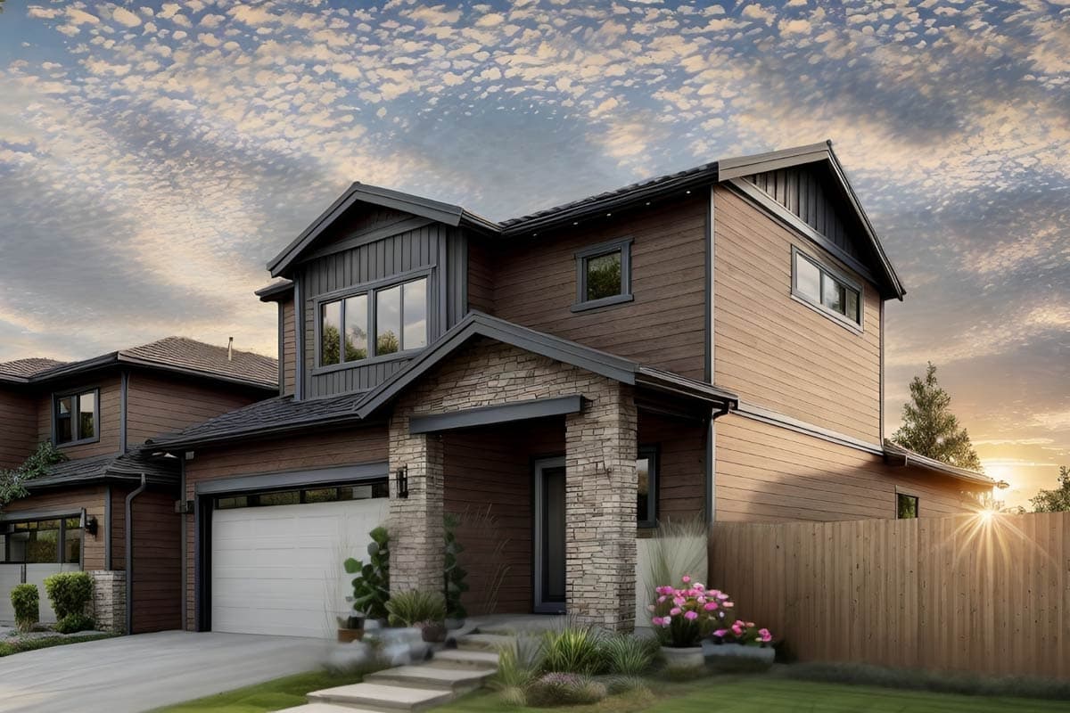 Two-story house plan exterior with wood siding, stone accents, covered entry, gabled rooflines, and attached garage.