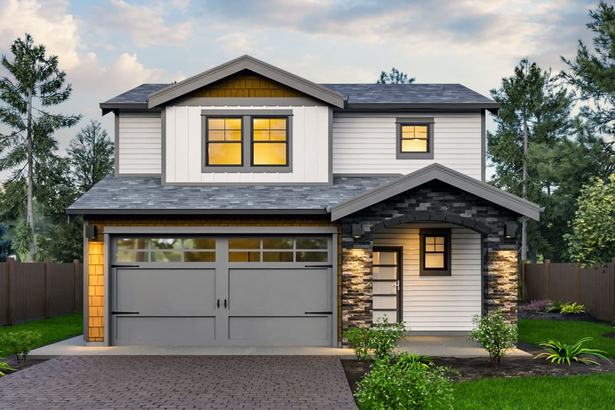 House plan exterior. Two-story Modern Farmhouse with a gabled roof, stone-clad entry, and two-car garage. Features include board and batten siding.