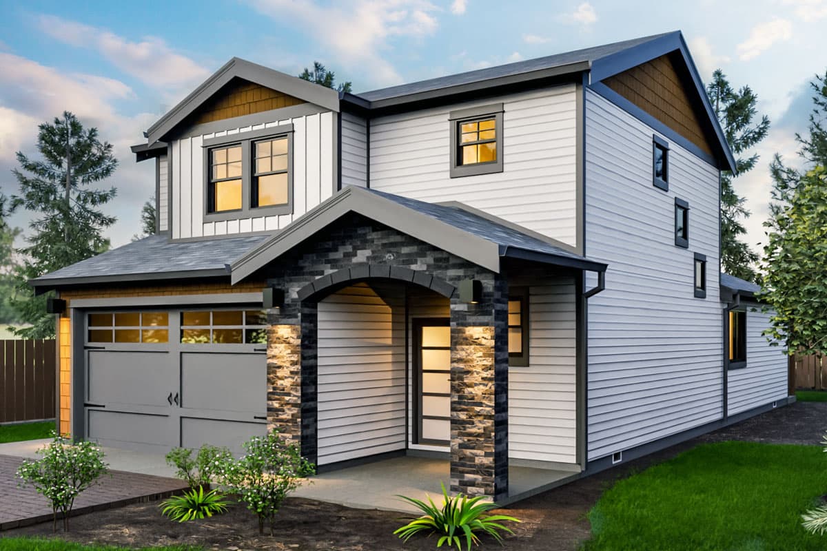 Two-story house plan exterior with siding, a two-car garage, arched entry with stone pillars, and gabled rooflines.