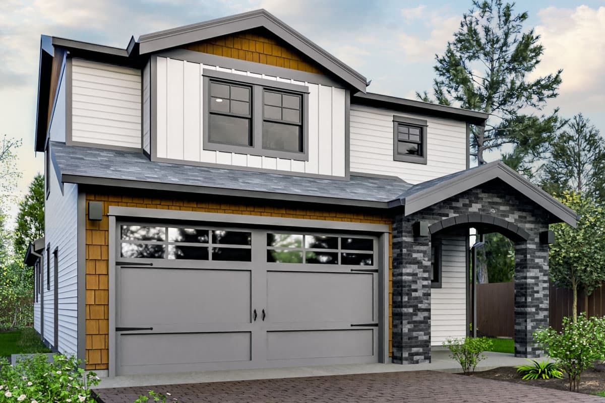 House plan exterior: Two-story home with a gray garage door, arched stone entryway, white siding, and wood shingle accents.