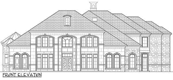 Front elevation drawing of a multi-story house with arched windows, double entry doors, and a mansard roof.