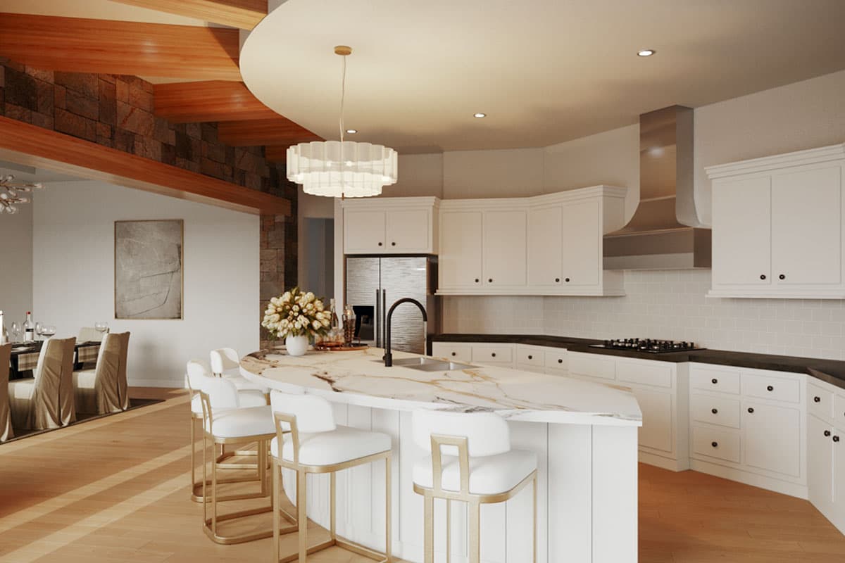 Kitchen with white cabinets, a large island with seating, stainless steel appliances, and exposed wood beams.