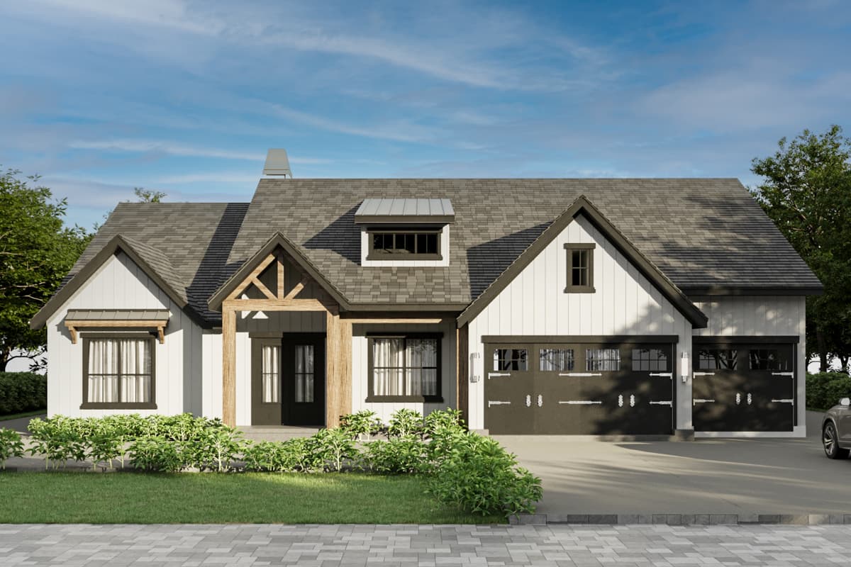 House plan exterior featuring a two-story Modern Farmhouse design. Includes a gable roofline, dormer, and attached garage.