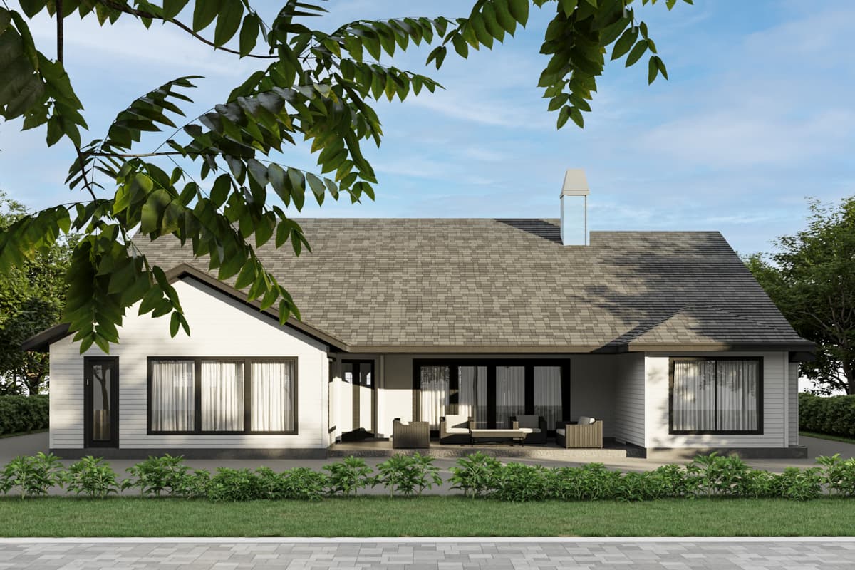 House plan exterior: Single-story modern home with gabled roof, prominent chimney, large windows, and covered patio.