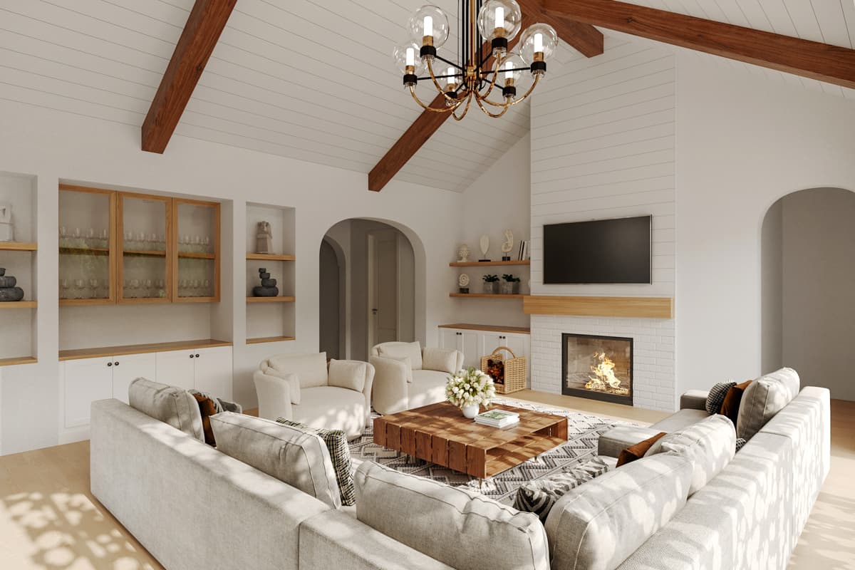 Interior rendering of a living room with a vaulted ceiling, exposed beams, fireplace, and built-in shelving.