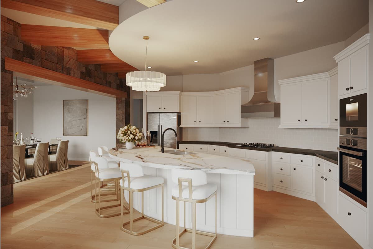 Interior rendering of a modern kitchen with a large island, white cabinetry, stainless steel appliances, and a dining area visible.